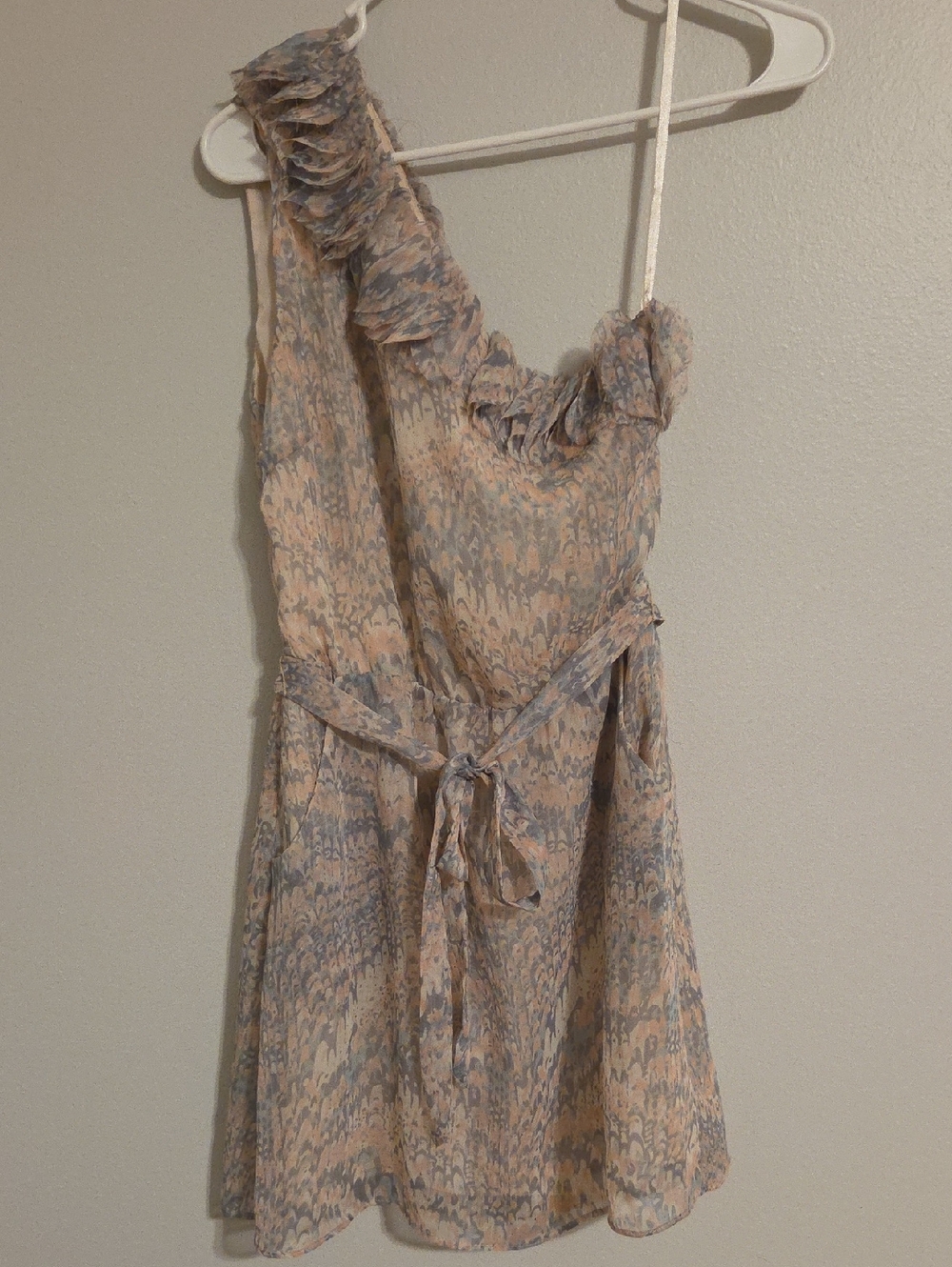 Chelsea & Violet One-Shoulder Ruffle Dress in Blush and Light Gray